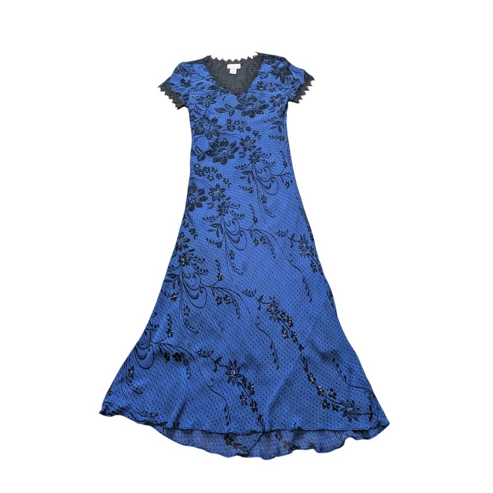 Vintage Paradise NY Maxi Dress L Blue-Black Floral Dark Romantic Sequin-Bead